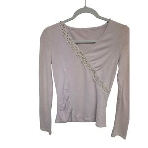 Y2K Vintage Bella Swan Beaded Long Sleeve Top V Neck‎ Pale Pink Elegant